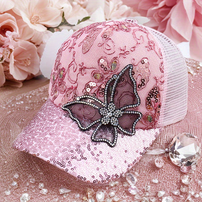 Baseball Cap - Women's Mesh Hat - Butterfly Embroidery Sequin Diamond Dot , Breathable - product detail view 9