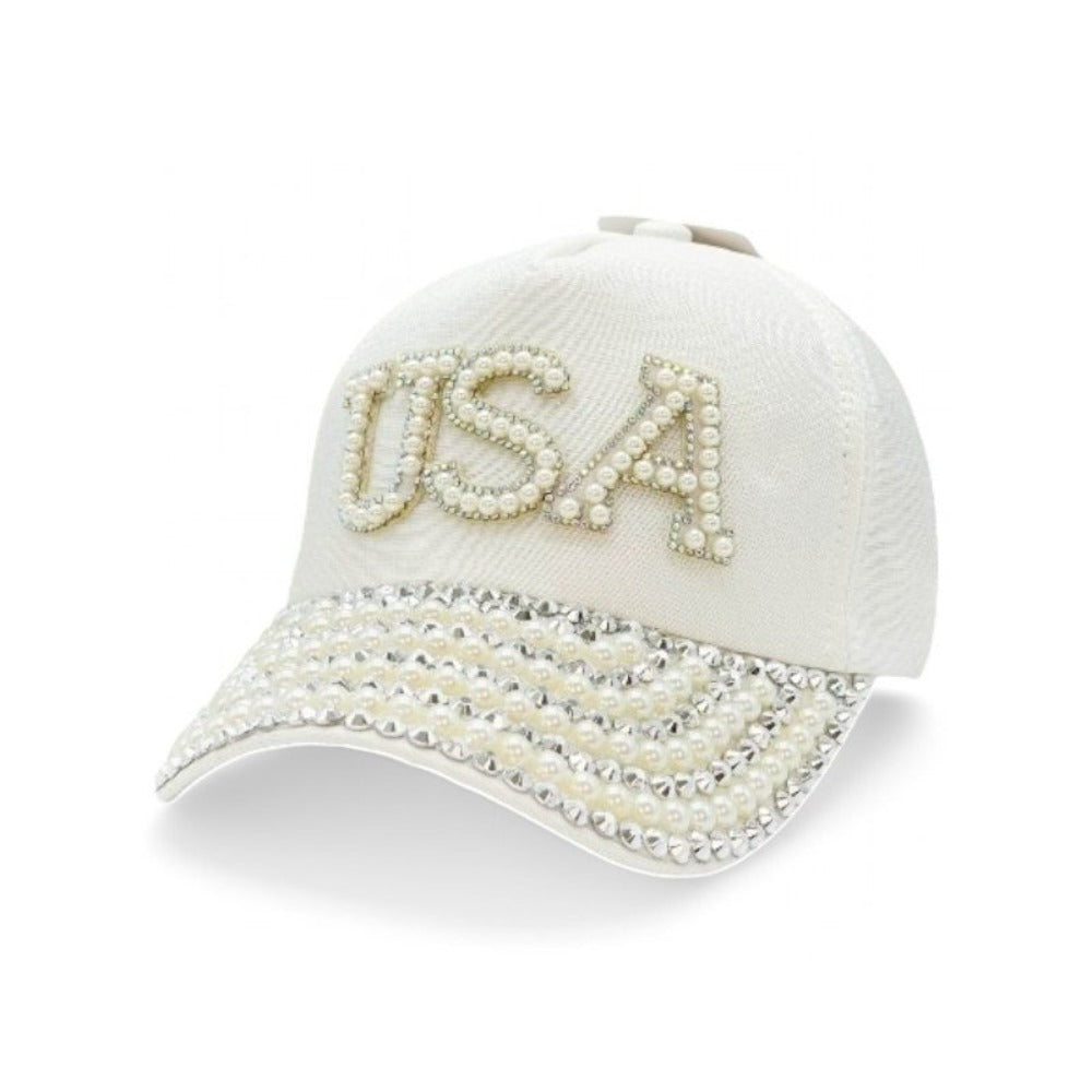 Baseball Cap - Women USA Bling Bead Embellished Adjustable Cotton Hat UV Protection - product detail view 2