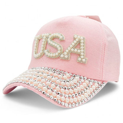 Baseball Cap - Women USA Bling Bead Embellished Adjustable Cotton Hat UV Protection - product detail view 10