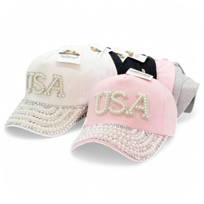 Baseball Cap - Women USA Bling Bead Embellished Adjustable Cotton Hat UV Protection - product detail view 13