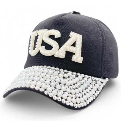 Baseball Cap - Women USA Bling Bead Embellished Adjustable Cotton Hat UV Protection - product detail view 14