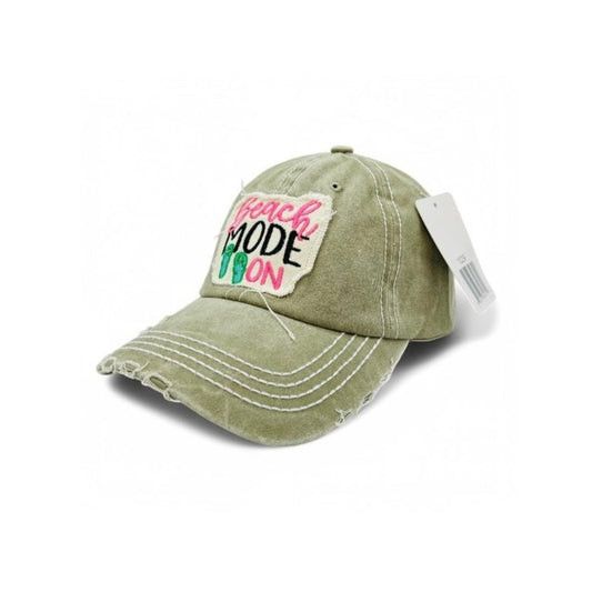 Baseball Cap - Vintage Distressed Embroidered for Women - "Beach Mode On" 100% Cotton - main product view