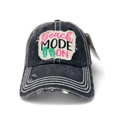 Baseball Cap - Vintage Distressed Embroidered for Women - "Beach Mode On" 100% Cotton - product detail view 5