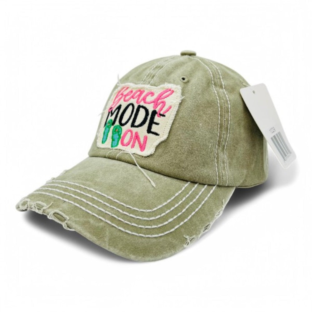 Baseball Cap - Vintage Distressed Embroidered for Women - "Beach Mode On" 100% Cotton - product detail view 20