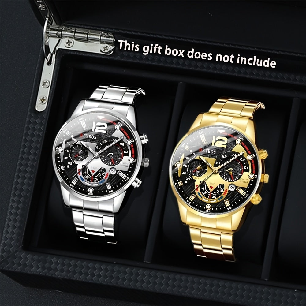 Men's Watch Gift Set 2pcs Luxury Stainless Steel Quartz Watches Business Fashion Analog Date Display Wristwatch Set for Men Multiple Color Combinations