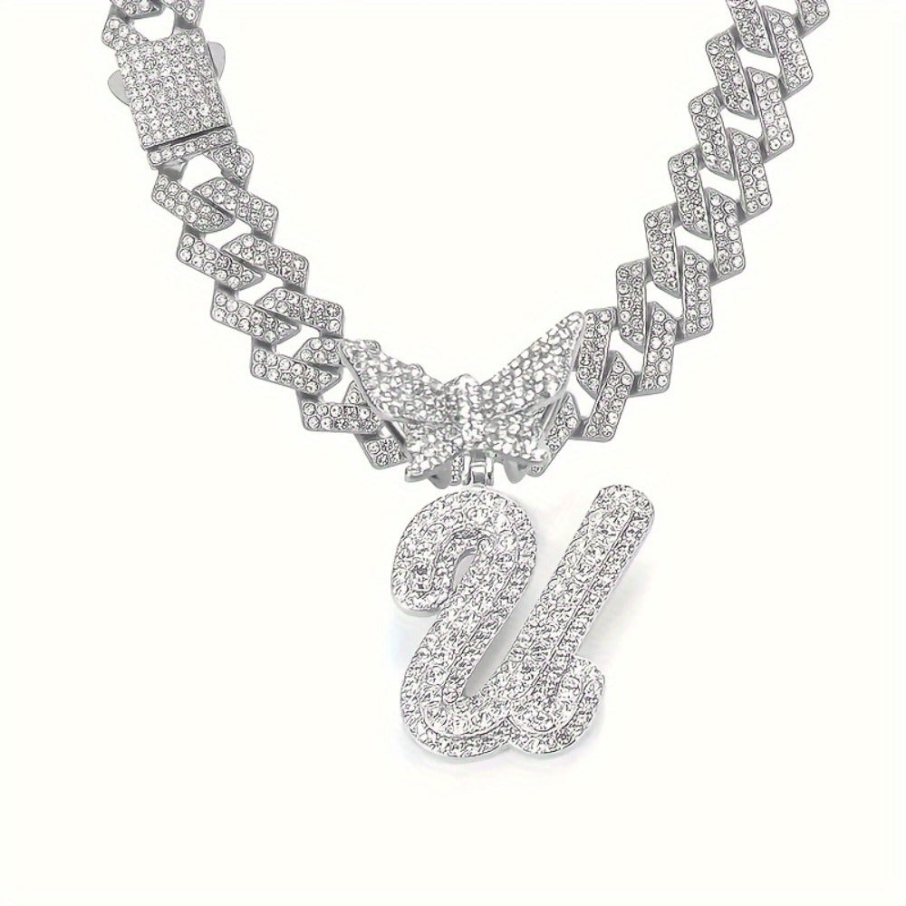 Cuban Link Chain Necklace - Initial Letter for Men Women - with Butterfly Alphabet Pendant A-Z, Gold & - product detail view