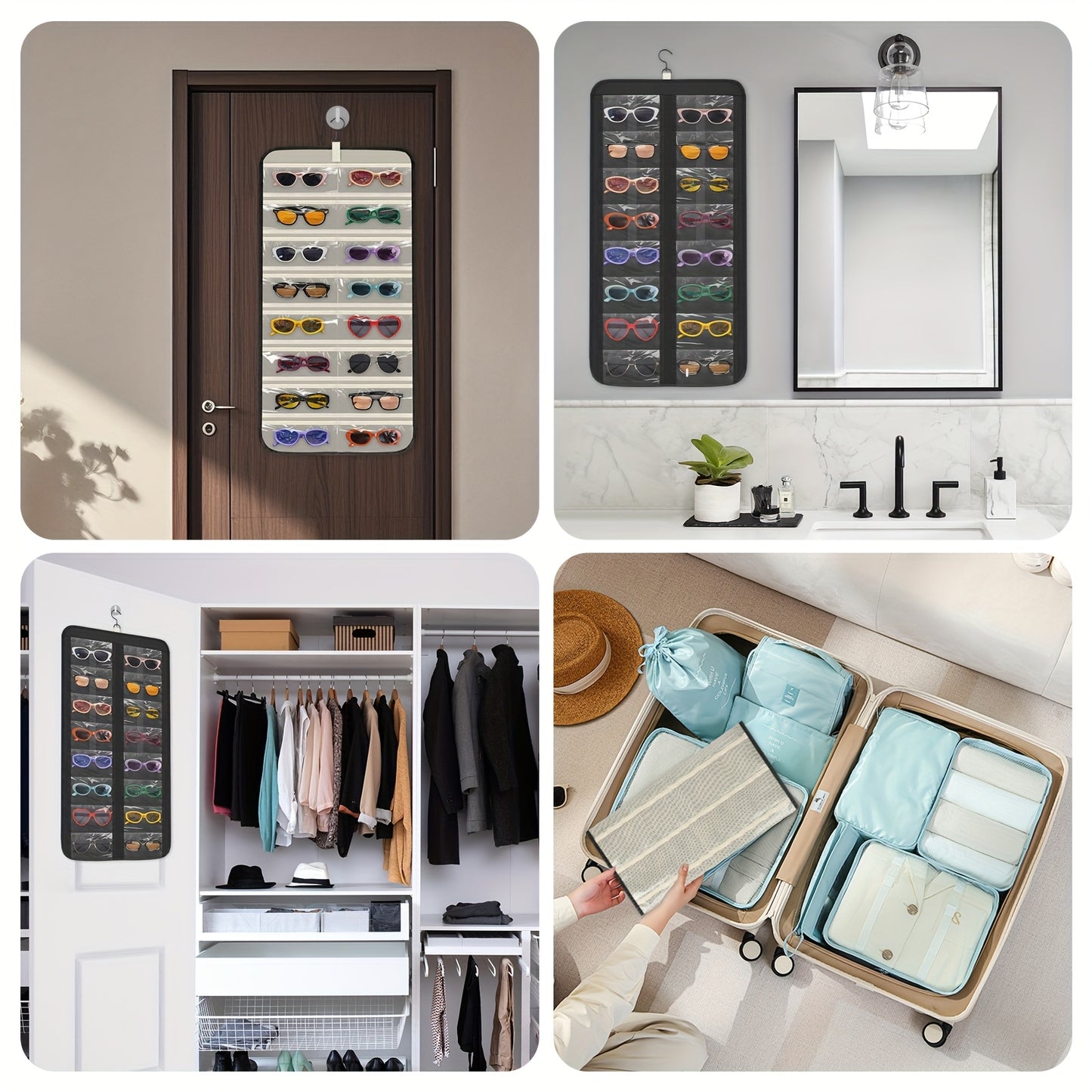 Hanging Glasses Organizer 32 Slots Wall Mounted Sunglasses Storage Holder Double Sided 360 Rotatable Dustproof Travel Eyeglasses Jewelry Organizer