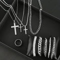 (No Box) 10pcs Casual Fashion 201 Stainless Steel Rhinestones Cross Necklace Bracelet Ring Set Men's Vacation Dating Gift Daily Party Street Match The Best Gift for Her
