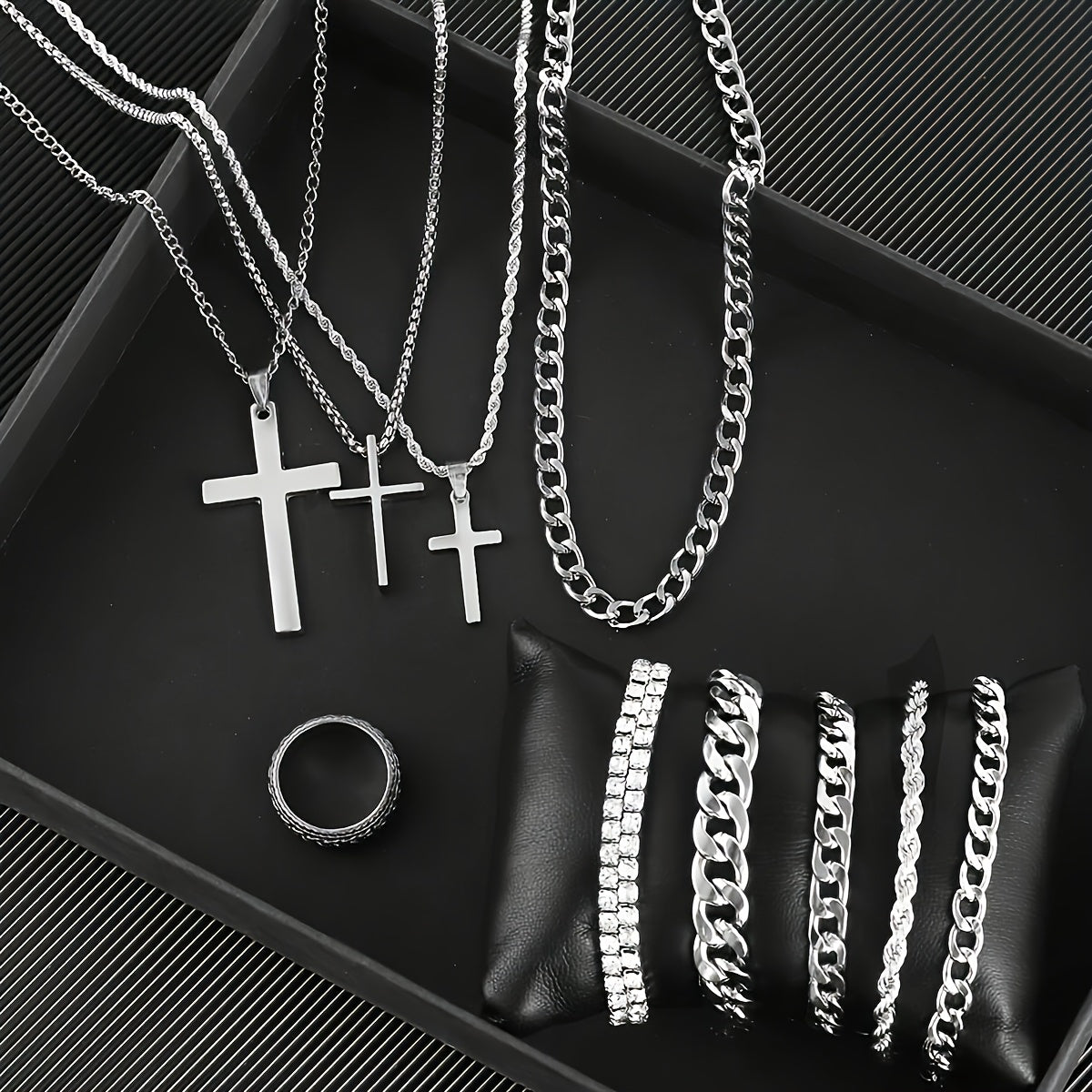 (No Box) 10pcs Casual Fashion 201 Stainless Steel Rhinestones Cross Necklace Bracelet Ring Set Men's Vacation Dating Gift Daily Party Street Match The Best Gift for Her