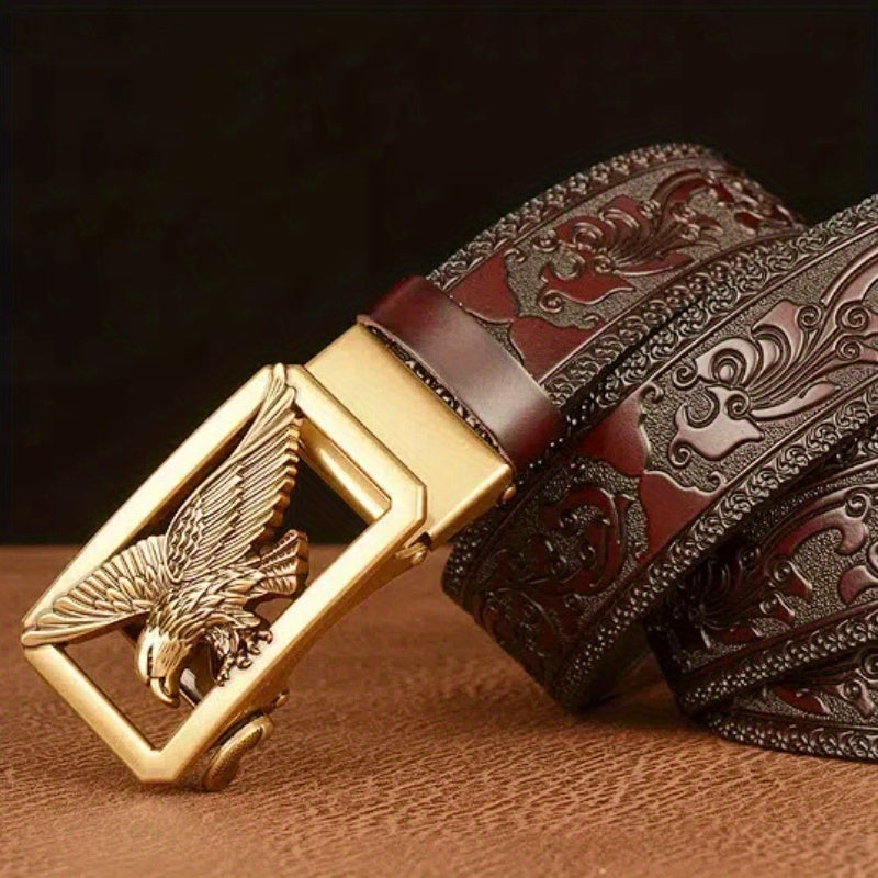 POYYAS Men' & Women' Genuine Leather Belt with Eagle Buckle - Retro Western Cowboy/Buckle Belt Suitable for Men & Women, Adjustable Strap, Durable Casual/Formal Wear for Festive Occasions (Father' Day Gift)