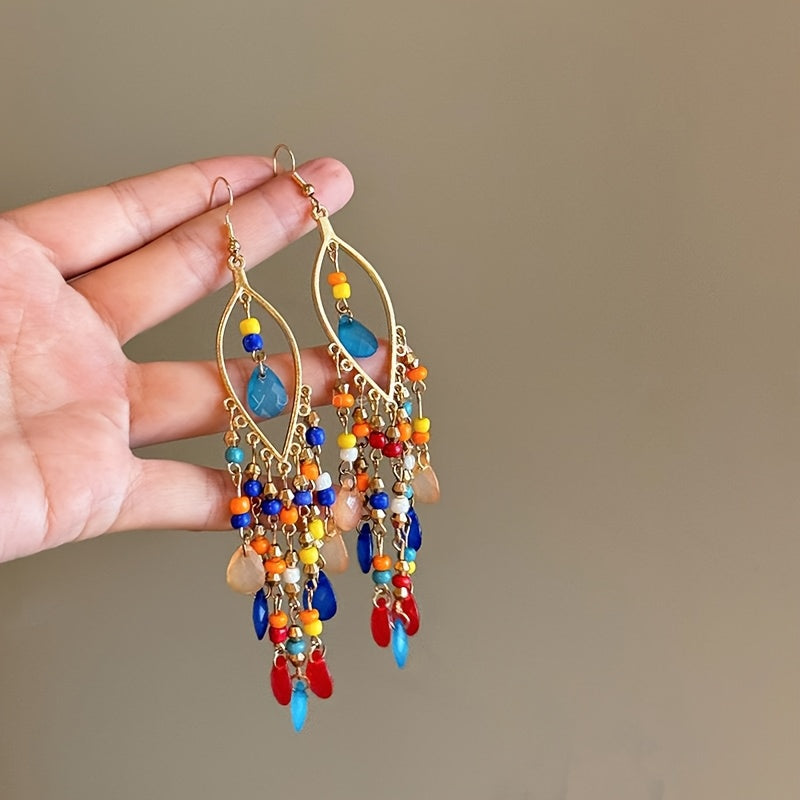 6-Pair Bohemian Tassel Earrings Set - Vintage Beaded Dangle Earrings with Teardrop & Round Beads, Multicolor Boho Statement Jewelry for Women, Lightweight Alloy Hoops for Parties, Vacations, Casual Attire - All-Season Ethnic Dangle Earrings (Turquoi