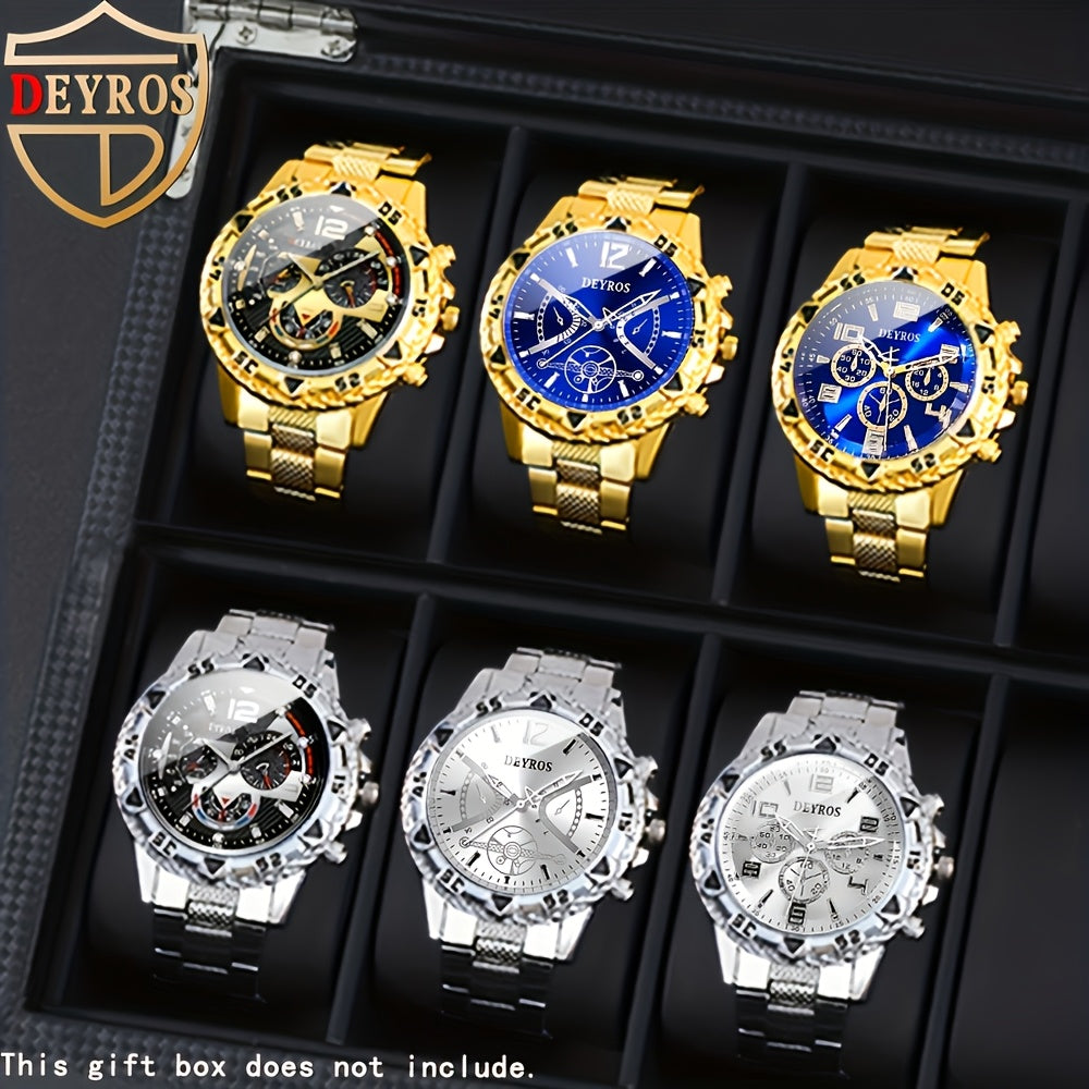 Quartz Watch Set for Men 6pcs Stainless Steel Analog Wristwatch – Date Display Round Dial Classic Luxury Timepiece Gift Box, Reloj Para Hombre
