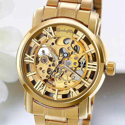 Skeleton Automatic Mechanical Watch for Men - Luxury Stainless Steel Transparent Dial Self-Winding Wrist Watch, No Battery Needed, Gold & Black Dress Watch Gift