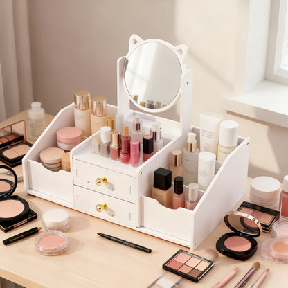 Jewelry Box with Mirror Cat Ear Design – Small Makeup Storage Organizer with Drawers, Light Luxury Vanity Case for Bedroom Dressing Room & Living Room