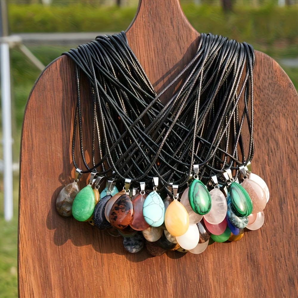 40pcs Of Natural Crystal Multi-color Teardrop-shaped Stone Pendants, with Faux Leather Cord Sets, Fashionable And Elegant Necklaces, Perfect As Accessory Gifts for Holiday Parties.