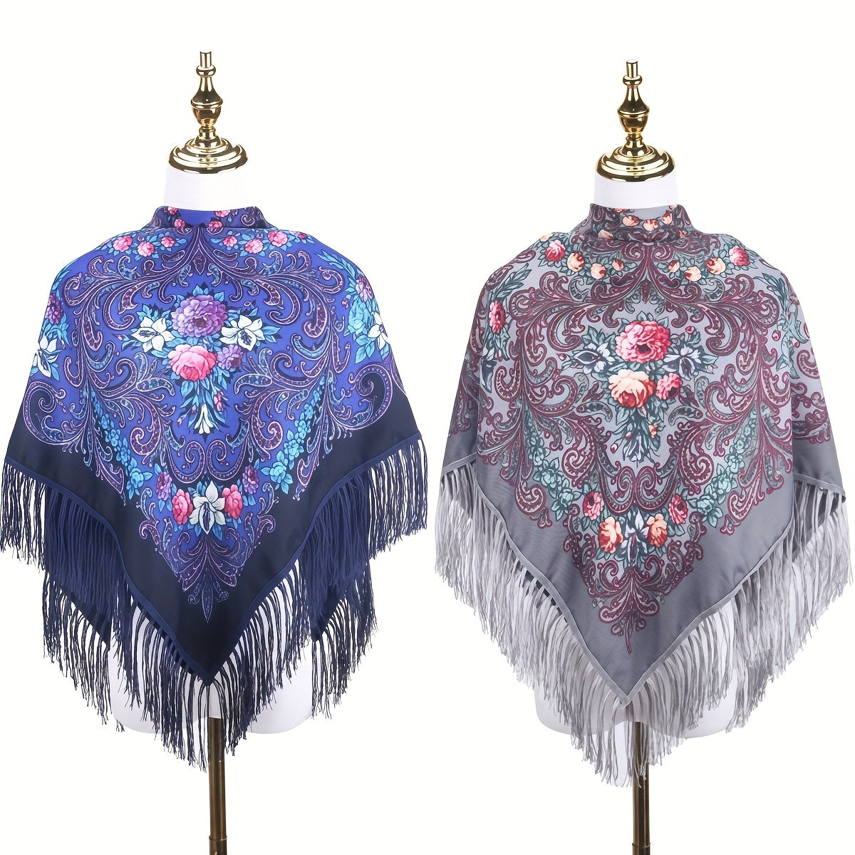 Set of 2 Tassel Shawls Featuring a Vintage Floral Design, Perfect for The Autumn-Winter Season. These Fringed Scarves Provide Warmth And Protection from The Wind, Ideal for Themed Parties And Costume Events. Great Clothing Options for You