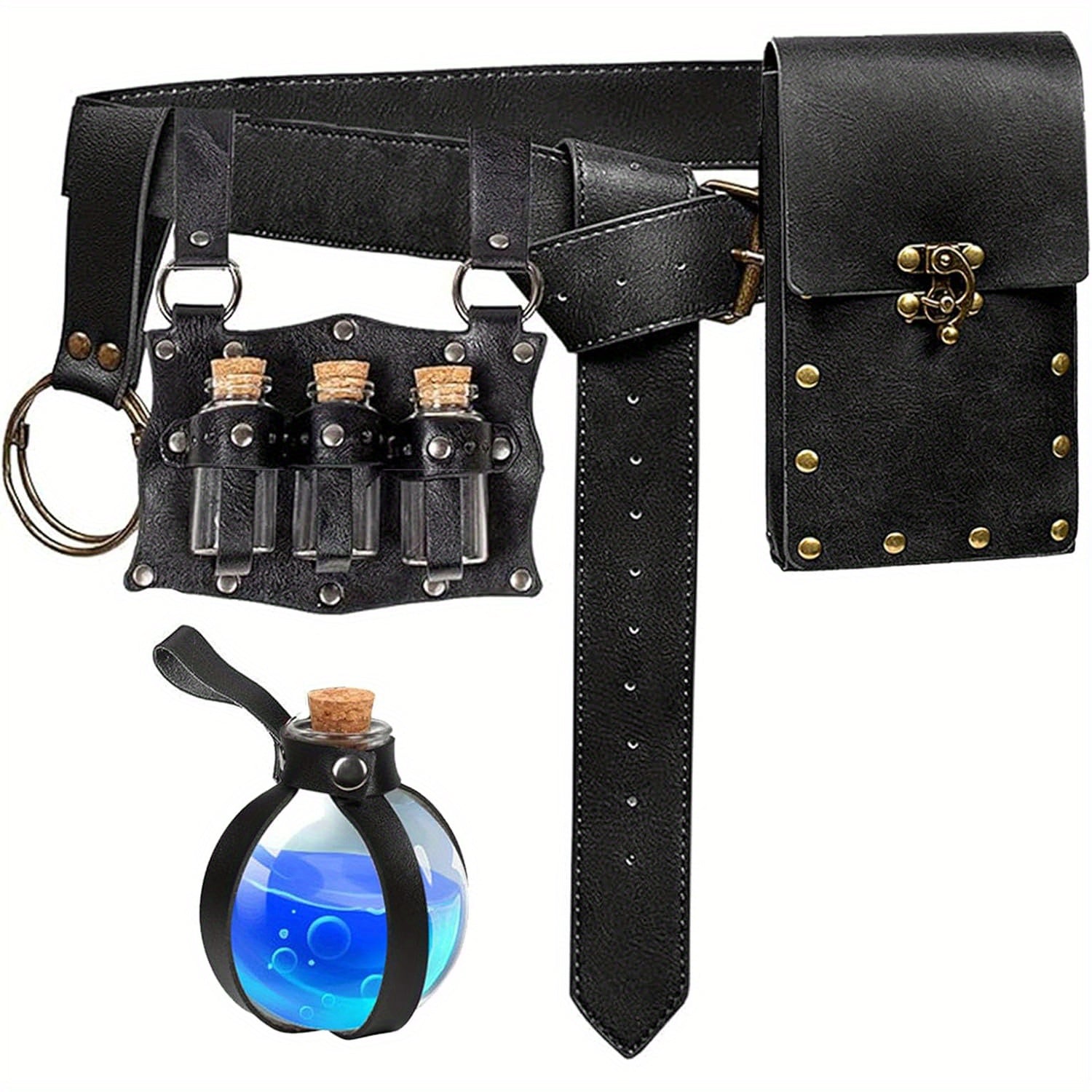 Set of 5 Renaissance-Themed Additions Including a Belt Pouch, Waist Bag, Keyring Hook, And Potion Vials, Perfect for Festival Cosplay Or Halloween Costumes