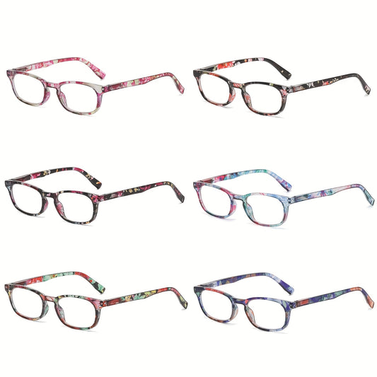 Oval Frame Anti-Blue Light Reading Glasses 6-Pack — Full Frame PC Lens, Flower Embellishment, Spring Hinge, Unisex Readers for Office & Daily Use, +100 to +400