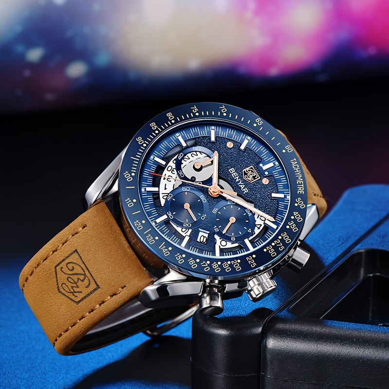 [BENYAR Luminous Chronograph Watch] BENYAR Analog Quartz Chronograph Luminous Watch - Big Face Mens Business Work Sport Casual Fashion Designer Dress Wrist Watch - Elegant Gift For Men