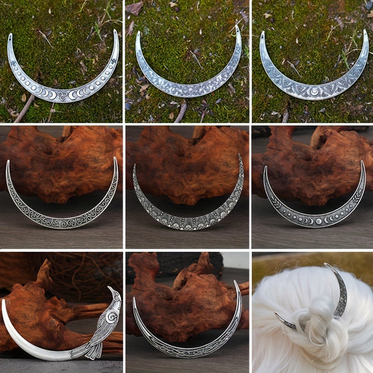 Elegant Hair Clip With 9 Pieces Of Crescent Moon Shape, Inspired By Viking Crow And Mandala Unique Design.