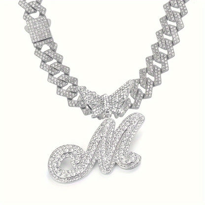 Cuban Link Chain Necklace - Initial Letter for Men Women - with Butterfly Alphabet Pendant A-Z, Gold & - product detail view