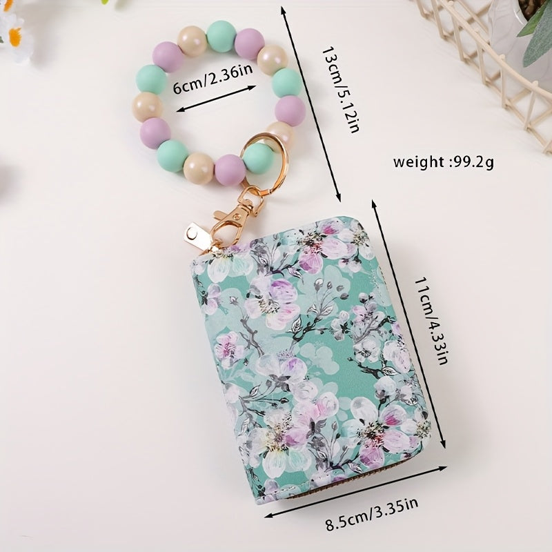 1pc Fashionable And Elegant Bright Bead Bead Wrist Keychain Printed Organ Storage Bag ID Storage Bag Clip Women'S Zero Wallet Keychain Gift For Friends And Mothers