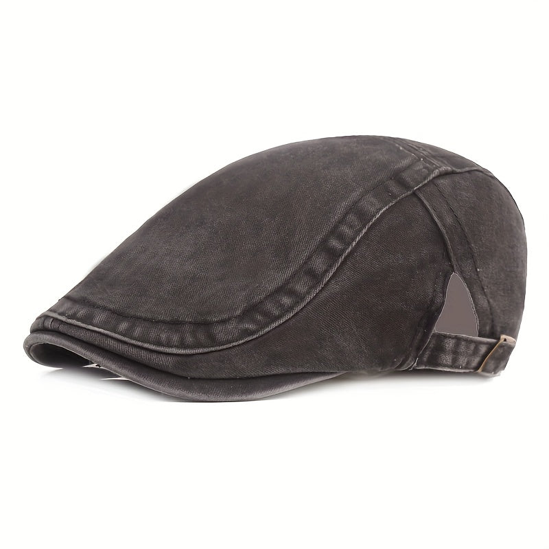 1pc Vintage Washed Denim Newsboy Cap for Men & Women - Adjustable - Beret Hat, Lightweight Denim Cap with Flat Brim, Size Fits Most (22.05-23.62inch), Casual Cabbie Style, Navy//Sky, Hand Washable