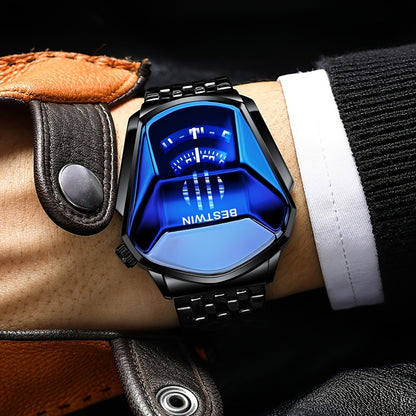 Men's Quartz Watch Blue Rhinestone Dial Steel Band Business Dress Watch for Men Fashion Analog Wristwatch Gift