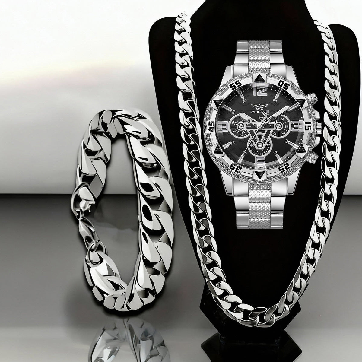 3pcs Luxury Men's Quartz Watch & Bracelet Set with Necklace - Stainless Steel Strap, Large Dial Analog Business Watches, Round Alloy Case - Durable Watch Gift Suitable for Christmas, Thanksgiving, Day of the Dead - Elegant Men's