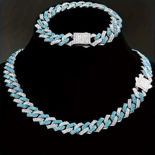 Full Set Of Rhinestones Embellished Geometric Blue Heavy Cuban Link Chain Necklace for Men And Women - Durable Zinc Alloy Construction, Non-Precious Metal Plating, Personality Jewelry with Mosaic Rhinestones, Hip Hop Style, Perfect for Fashion Lovers