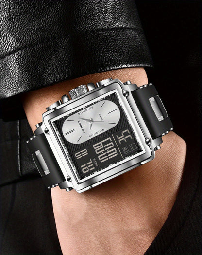 LIGE Men's Luxury Chronograph Watch - Dual Display Quartz Business Wristwatch with World Time, Stopwatch, Date & Square Face, Multi-Function Men's Watch