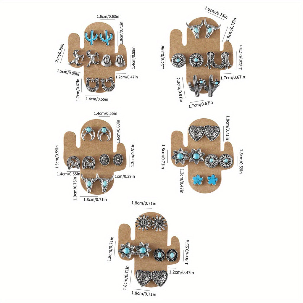 Western Style Stud Earrings Set 20 Pairs - Turquoise Cowgirl Earrings with Bull Skull, Horseshoe, Cactus, Cowboy Boot, Flower & Heart Designs, Boho Country Jewelry Gift for Women & Girls