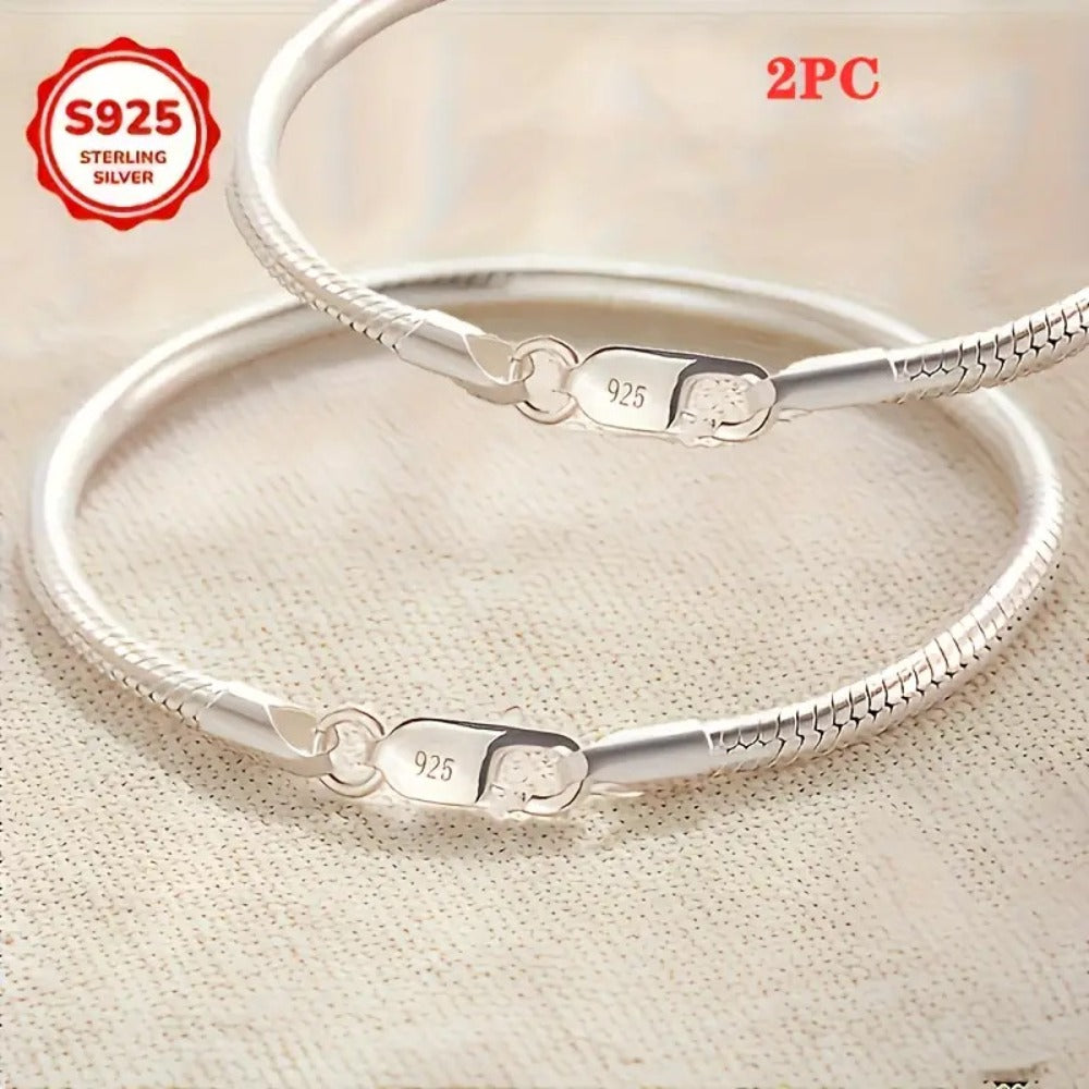 Beaded Bracelet - 925 Sterling Silver Snake Chain Set 2 Pieces Elegant Bead Design Couple - main product view