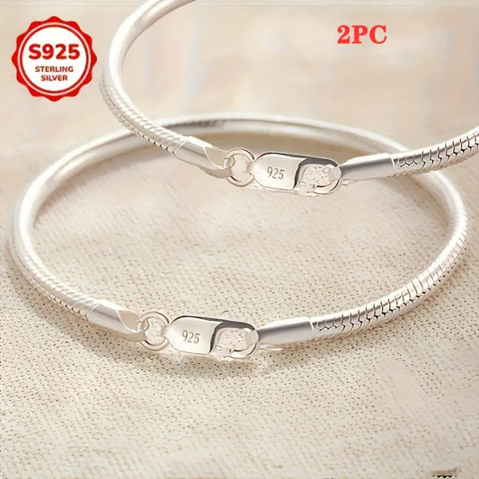 Beaded Bracelet - 925 Sterling Silver Snake Chain Set 2 Pieces Elegant Bead Design Couple - main product view