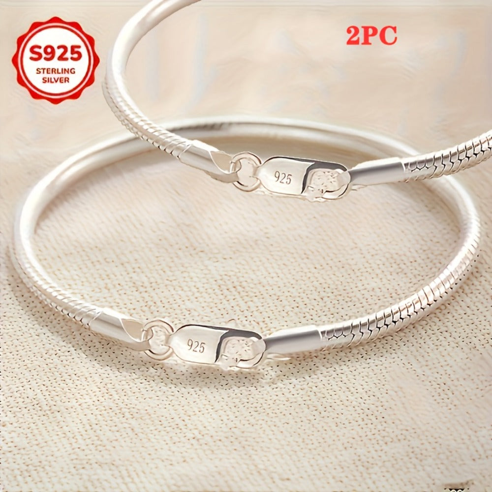 Beaded Bracelet - 925 Sterling Silver Snake Chain Set 2 Pieces Elegant Bead Design Couple - product detail view 6