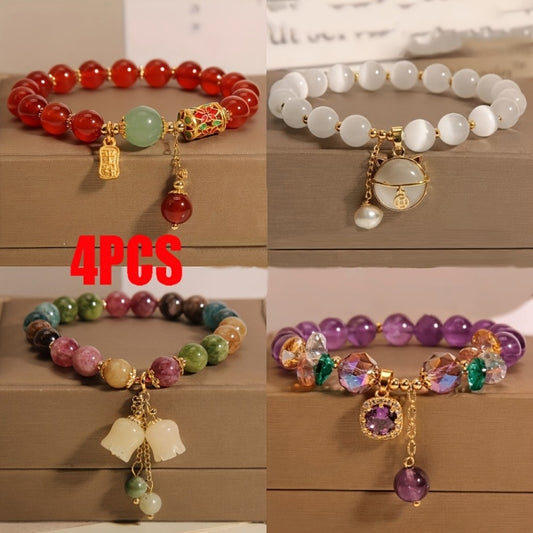 Beaded Bracelet - Amethyst Bead Set 4 Pieces Natural Stone Boho with CZ Cat Pendant, Lucky - main product view