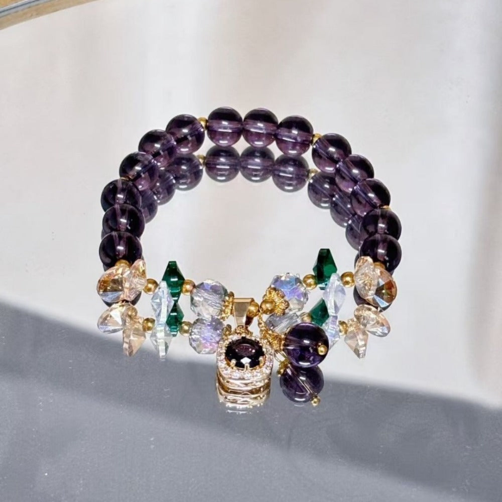 Beaded Bracelet - Amethyst Bead Set 4 Pieces Natural Stone Boho with CZ Cat Pendant, Lucky - product detail view 7