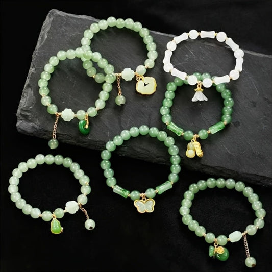 Beaded Bracelet - Bead Chain Set 7 Pcs Imitation Jade Butterfly Lily Pendant Retro Chinese - main product view