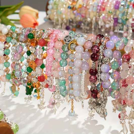Beaded Bracelet - Bead Set 30pcs Glass Bead Stretch for Women Floral Butterfly Heart Star - main product view