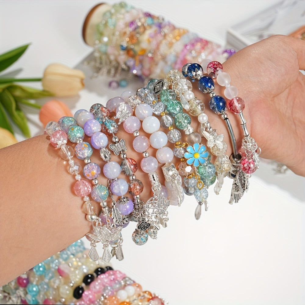 Beaded Bracelet - Bead Set 30pcs Glass Bead Stretch for Women Floral Butterfly Heart Star - product detail view 2