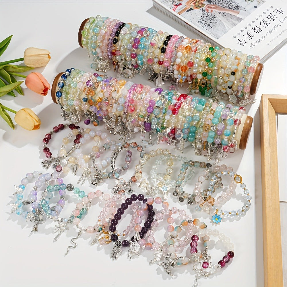 Beaded Bracelet - Bead Set 30pcs Glass Bead Stretch for Women Floral Butterfly Heart Star - product detail view 5