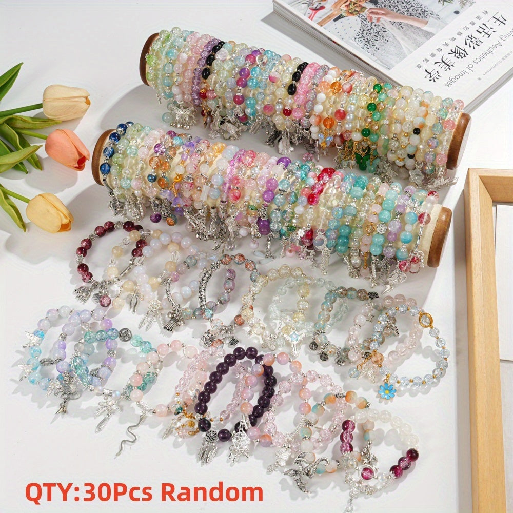 Beaded Bracelet - Bead Set 30pcs Glass Bead Stretch for Women Floral Butterfly Heart Star - product detail view 8