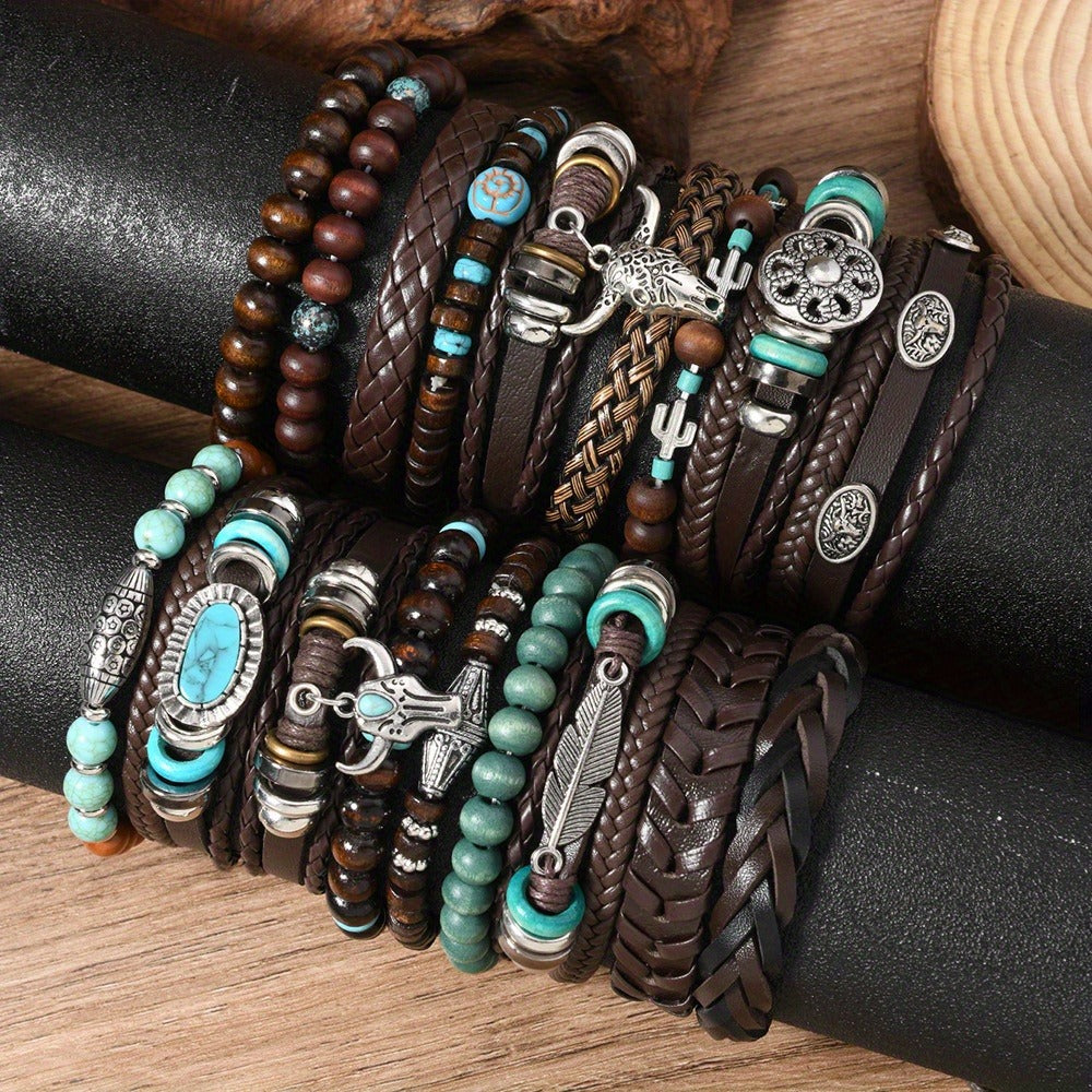 Beaded Bracelet - Bohemian Set 24pcs Turquoise Wooden Bead Multi-Layer Woven Feather Alloy - product detail view 2