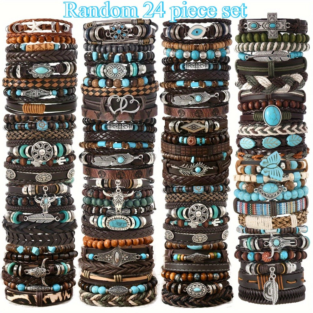 Beaded Bracelet - Bohemian Set 24pcs Turquoise Wooden Bead Multi-Layer Woven Feather Alloy - product detail view 3