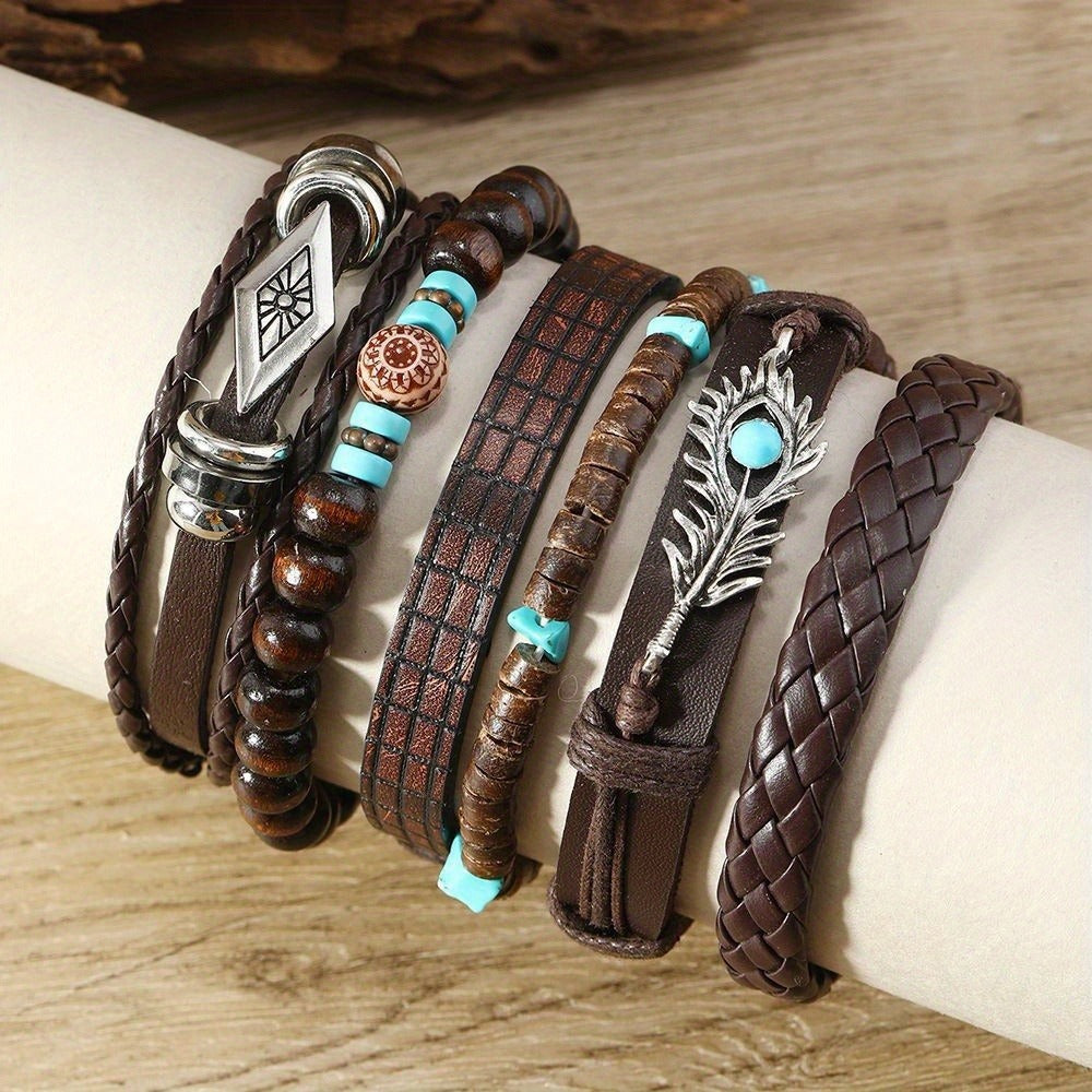 Beaded Bracelet - Bohemian Set 24pcs Turquoise Wooden Bead Multi-Layer Woven Feather Alloy - product detail view 6