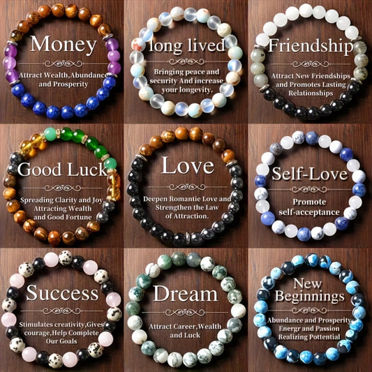 Beaded Bracelet - Bohemian Set 9Pcs Natural Stone Glass Bead Elastic Stretch Boho Jewelry - main product view