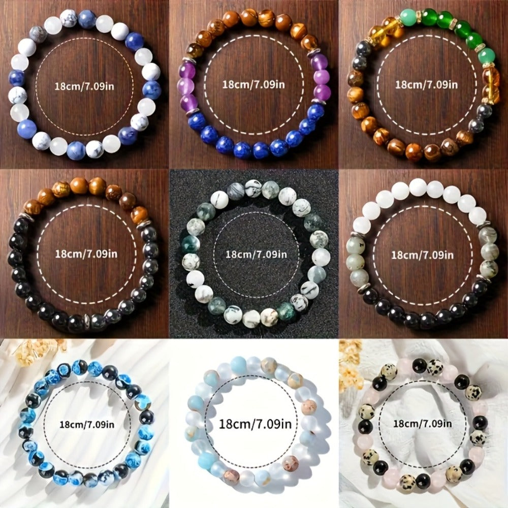 Beaded Bracelet - Bohemian Set 9Pcs Natural Stone Glass Bead Elastic Stretch Boho Jewelry - product detail view 4