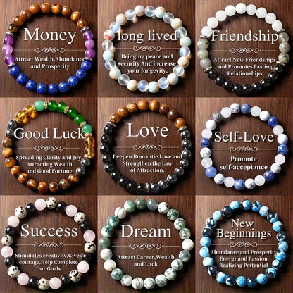 Beaded Bracelet - Bohemian Set 9Pcs Natural Stone Glass Bead Elastic Stretch Boho Jewelry - product detail view 10