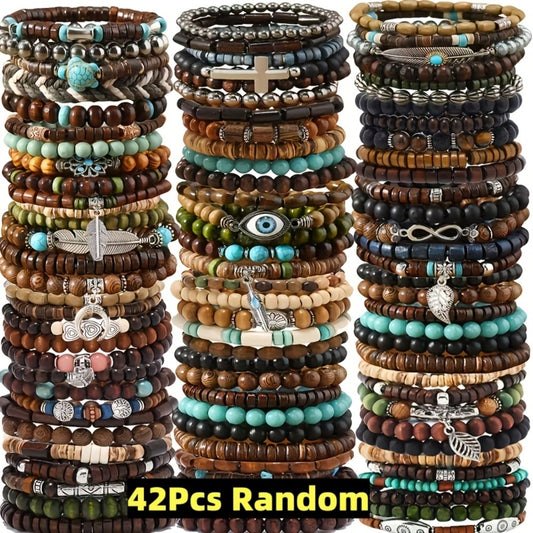 Beaded Bracelet - Bohemian Wooden Set 42pcs - Vintage Stacking for Women & Men - Ethnic Boho - main product view