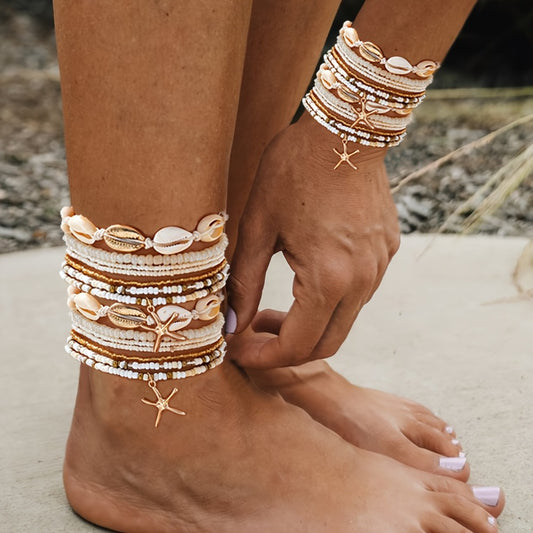 Beaded Bracelet - Boho and Anklet Set 28pcs, Bohemian Shell Starfish Jewelry Set for Women - main product view